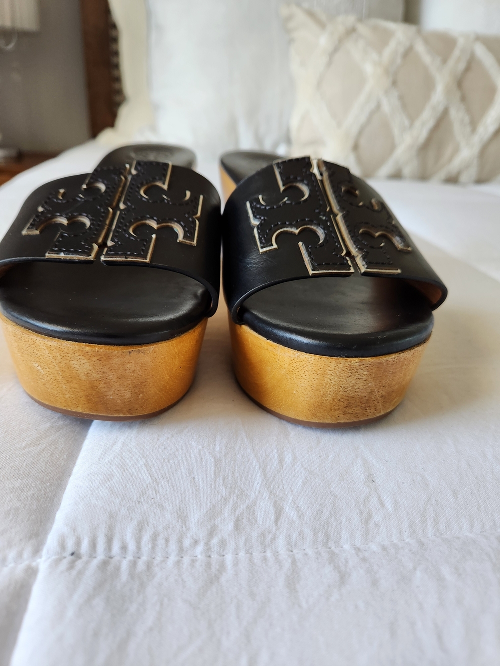 Tory Burch Black Leather Logo Slide Clogs with Wood-Look Wedge - Picture 3 of 8